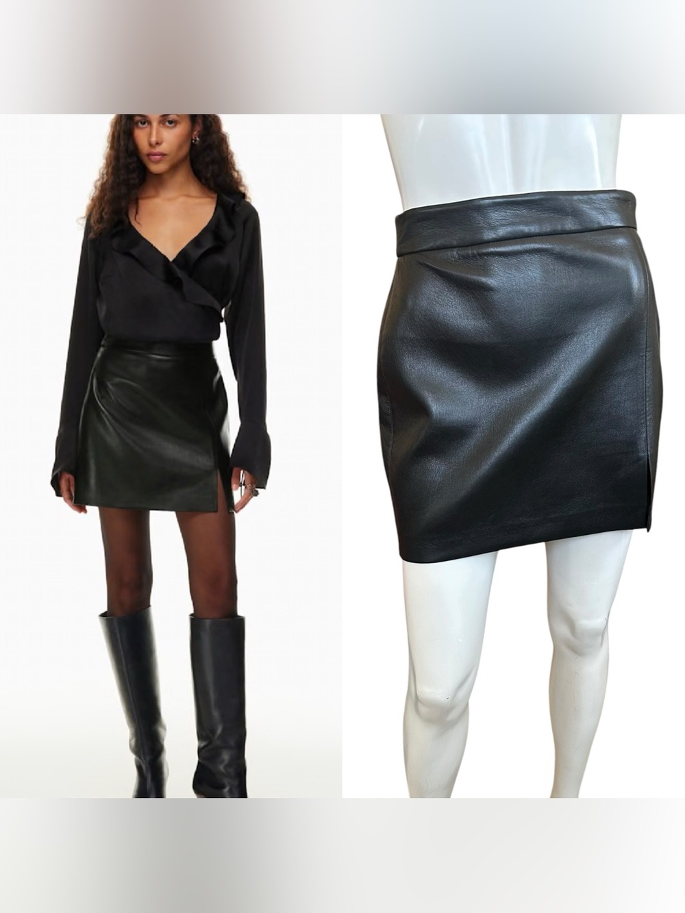 Aritzia Wilfred “Patio” Black Faux Leather Mini Skirt with Side Slit Size US 2